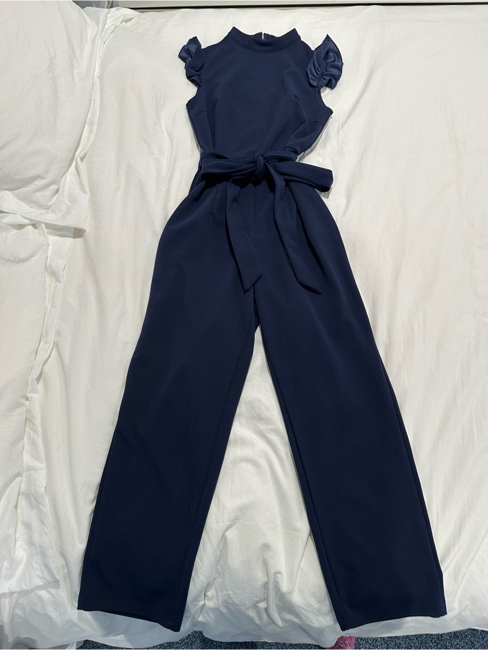 SHEIN Navy Ruffle-Sleeve Wide-Leg Jumpsuit with Tie Belt